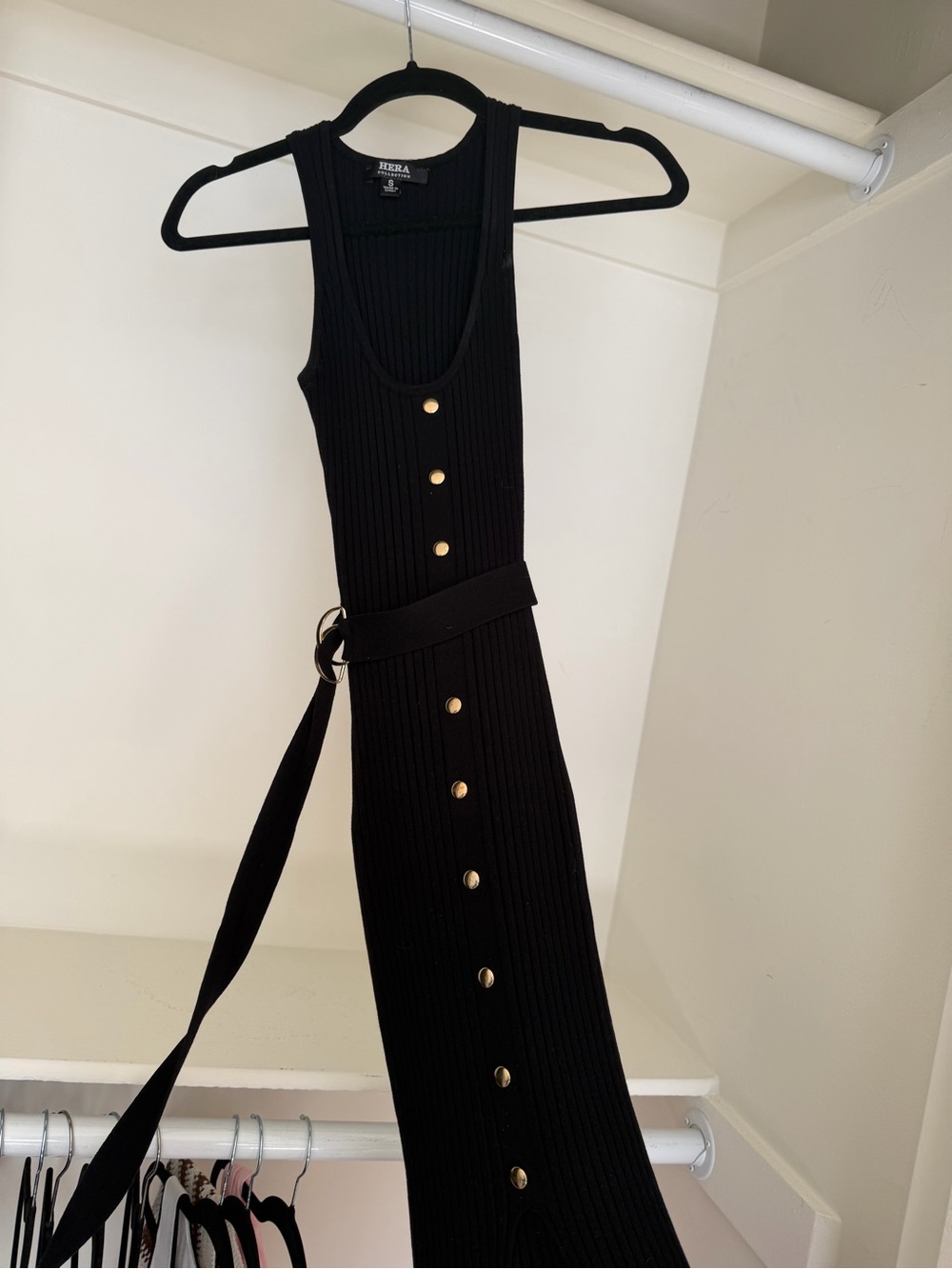 Hera Collection Black Ribbed High-Low Dress with Gold Buttons
